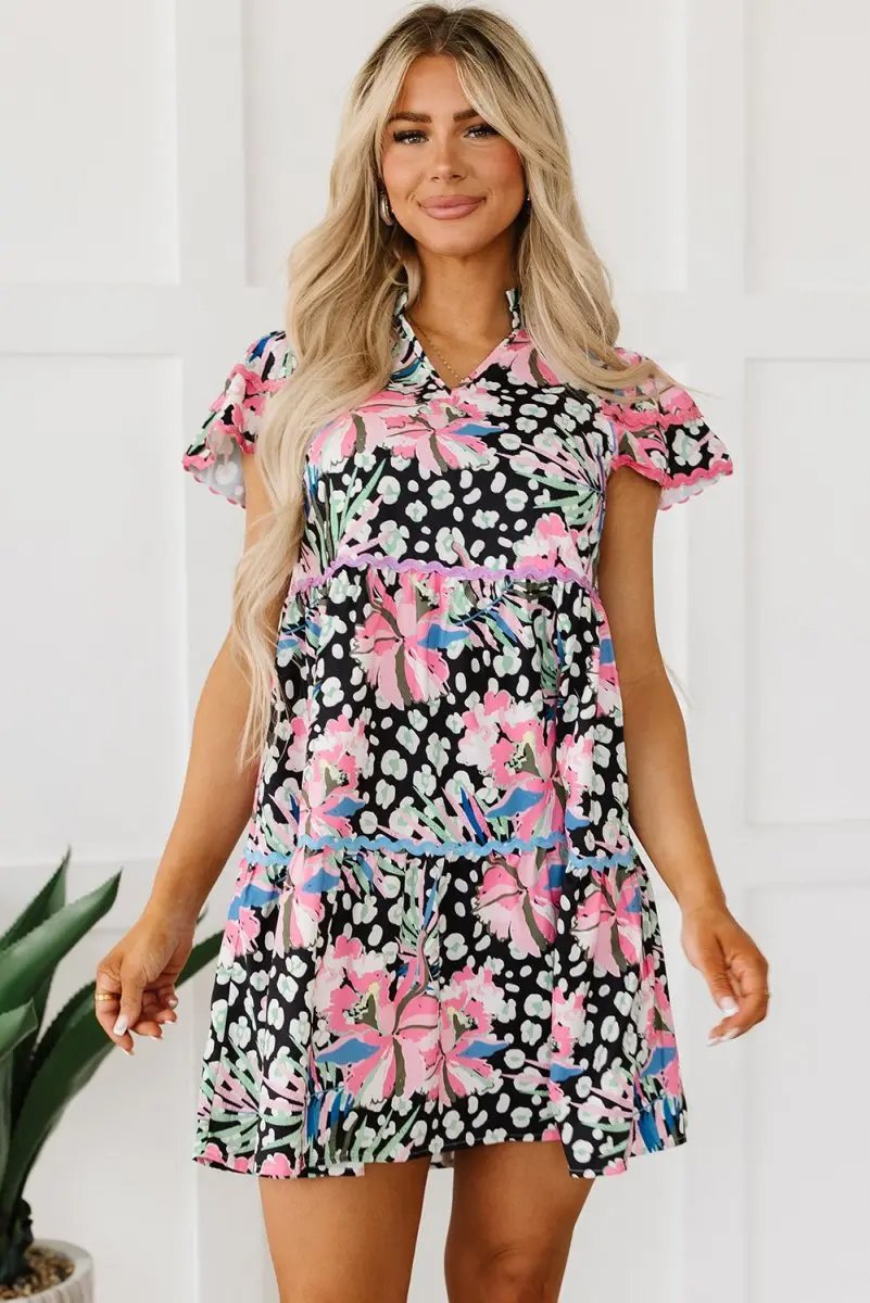 Pink Floral Ricrac Embellished Tiered Mini Dress for Women - Love Salve
